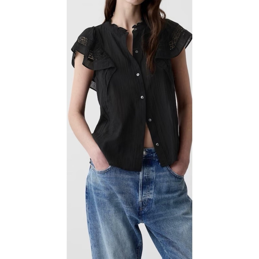 Gap Black‎ Flutter Sleeve Med Button Up Blouse Top Eyelet Handkerchief Fabric